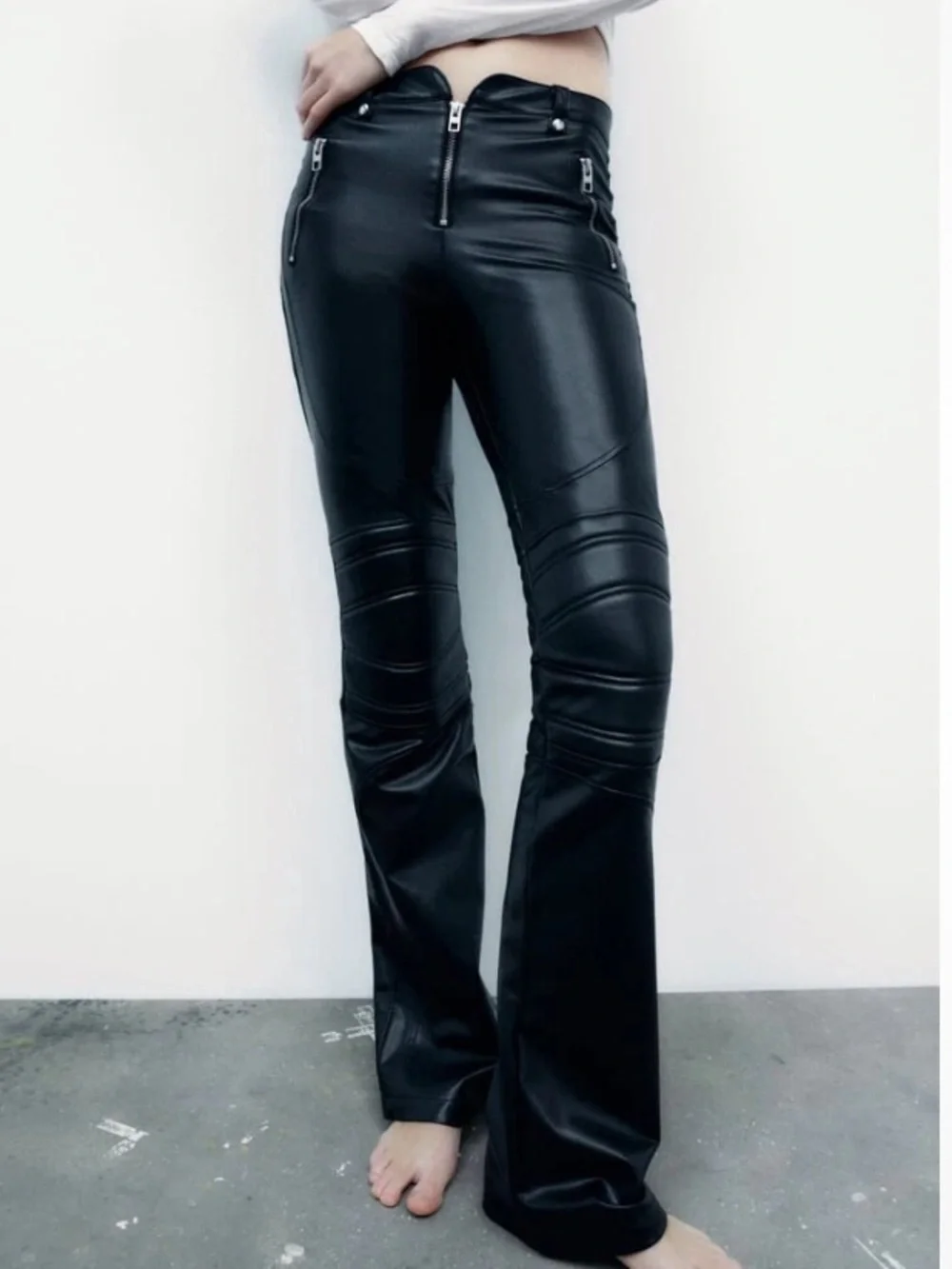 NWOT Zara Zipped Low Rise Boot Cut Moto Faux Leather Pants in Black Size XS